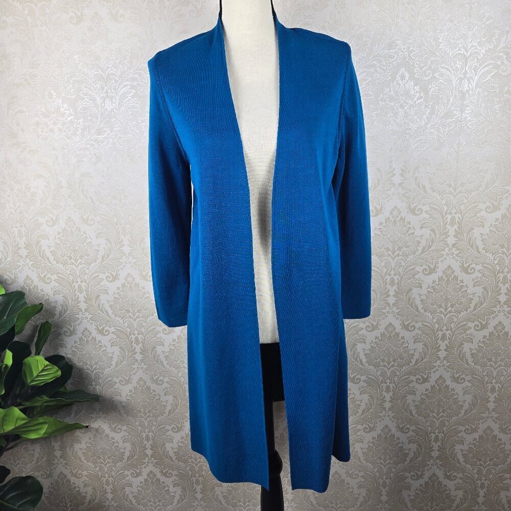 Chico's Size 0 (US Small) Turquoise Black Long Line Open Cardigan Side Vents